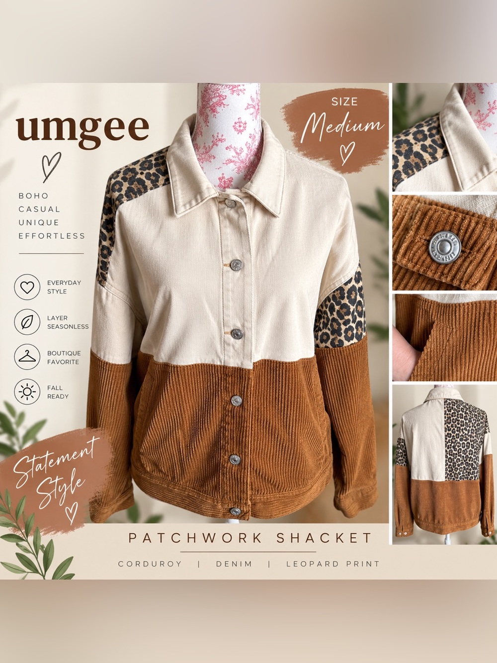 Umgee MEDIUM Patchwork Leopard Corduroy Denim Shacket Jacket Boho
